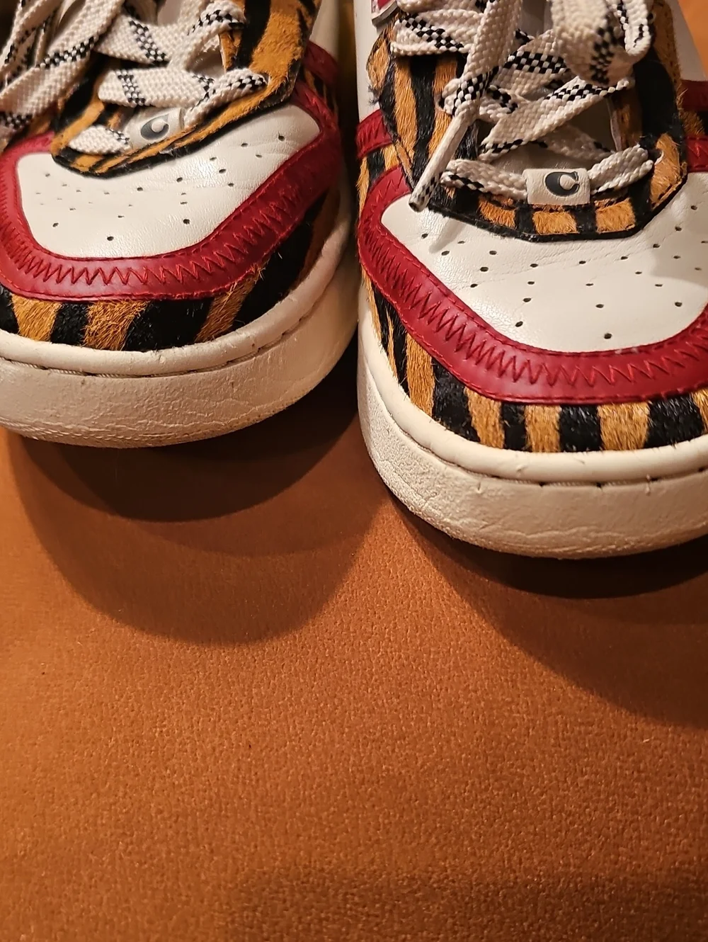 Coach White Sneakers with Red & Tiger-Print Accents